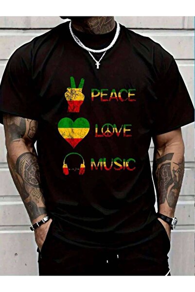 799 تي شيرت رجالي أسود 100% قطن بطبعة Love Peace Music Roots Reggae Pride، قم...