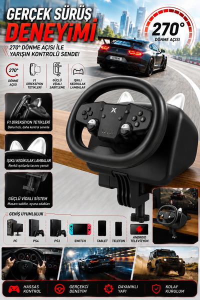 JOYCOR Kablosuz & Kablolu Oyuncu Direksiyonu 270° Dönüş Açılı PC PS4 PS3 Swit...