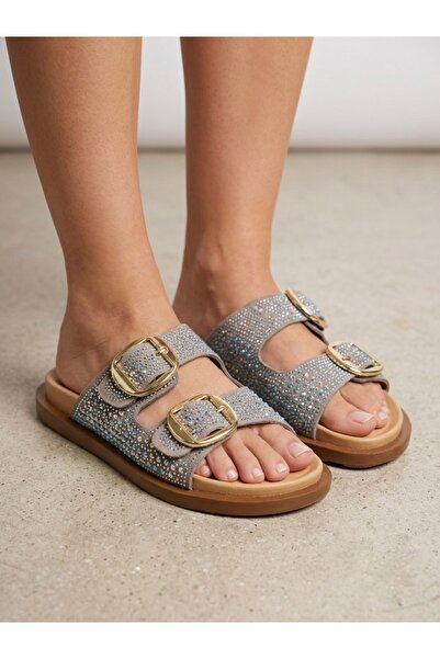 Rüya Shoes Daily Buckle Stone Detailed Genuine Leather Slippers