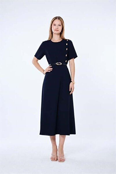 Dipmoda Women's Navy Blue Button Detailed Belted Midi Length Dress Dpmy4077