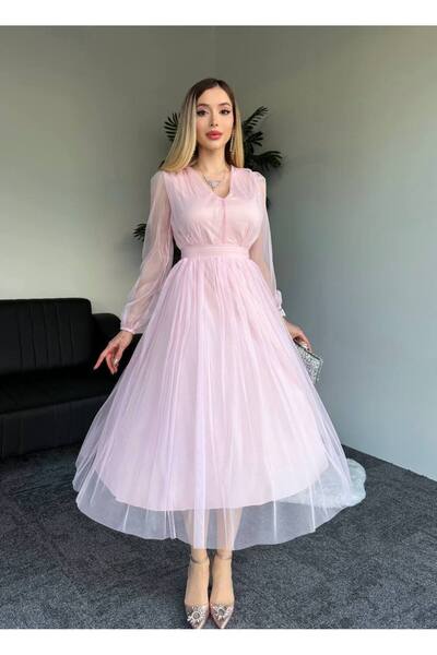 MADAME MELEK Premium V-Neck Tulle Sleeves Pleated Midi Evening Dress