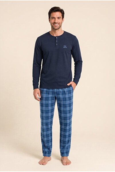 BAYKAR Men's Cotton Crew Neck Long Sleeve Pajama Set 9808 Navy Blue