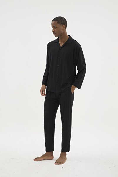 KLY Men's Black Front Buttoned Shirt Collar Pajama Set C6T0N162