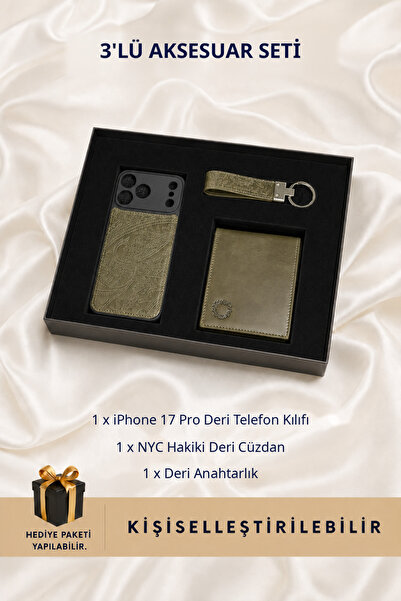 CüzCan Premium Hakiki Deri Hediye Seti - Motifli Yeşil Cüzdan Anahtarlık & iP...