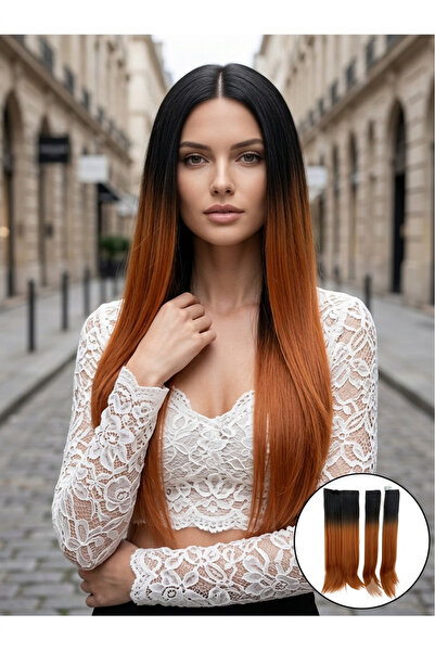 REMY HAİR Siyah Bakır Ombreli Düz Uzun Yarım Ay Saç – 3 Parça Çıt Çıt 80cm. 2...