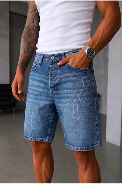 MADZEYMODA Men's Blue Denim Bone Patterned Jean Shorts Ke-1250