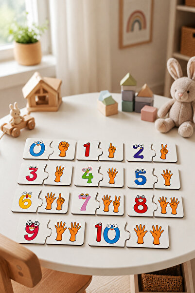 Montessori Sayı Eşleştirme Puzzle 0-10 | 3 mm MDF Eğitici Ahşap Oyuncak | Sayı ve Parmak Sayma Kartları | 3+ Yaş