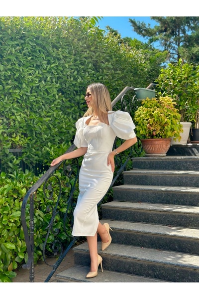 Hürrem Aldinç Beyaz Midi Balon Kol Nikah Elbisesi - Evden Çıkış, Söz ve Nişan...