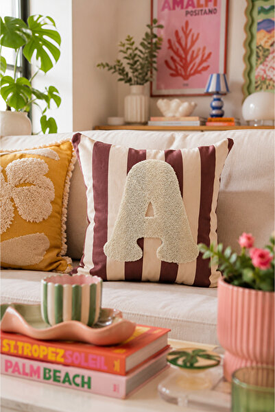 Pilloveland Punch Embroidered Throw Pillow Cover - 43*43 cm - Mocha Letter a ...