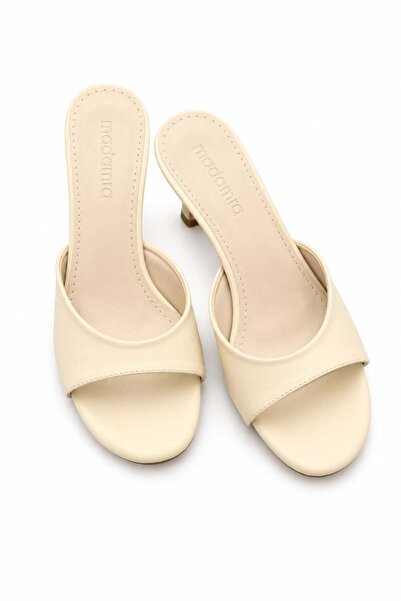 Madamra Cream Women's Short Heeled Strappy Slippers Daily Stylish Open Toe Sl...
