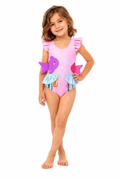 caddekids Kız Çocuk Balık Kuyruklu Tek Parça Mayo Pembe Fırfırlı Deniz ve Hav...