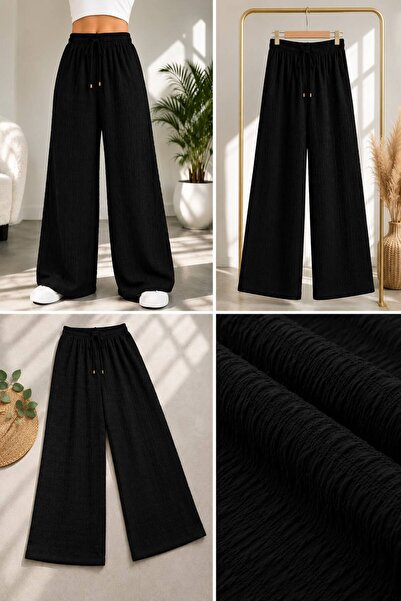 BoraVelli Embossed Textured Wide-Leg Women's Trousers with Elastic Waist
