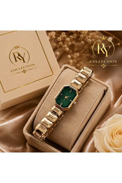 rycollections ساعة سبكتروم بريميوم بحجر كريستال أخضر ومينا ذهبي وحزام ذهبي