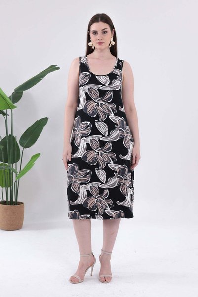 Madwilo Women's Black Beige Floral Pattern Strap Plus Size Dress
