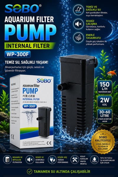 Sobo WP-300F İç Filtre 150 L/H 2W Sessiz Akvaryum İç Filtre Motoru Tatlı ve T...