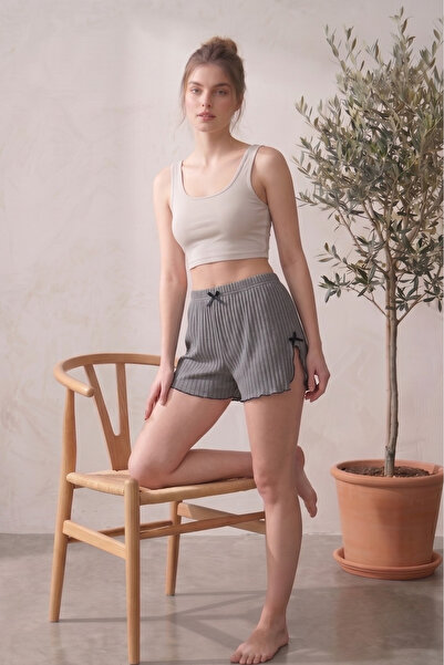 Farya Home Cotton Camisole Shorts with Slits, Stripes, Bow Detail, and Ribbed...