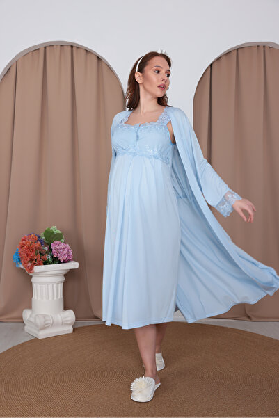 BLACKMORE Women's Blue Cotton Summer Maternity Nightgown-Dressing Gown Set wi...