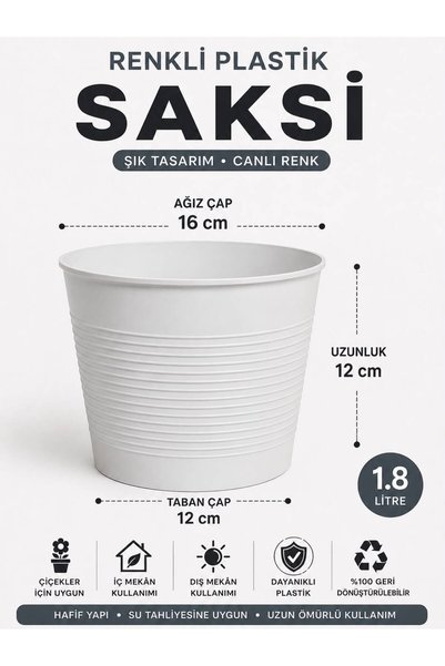 NEXVORİA Beyaz Plastik Saksı 1.8 Litre Tabaksız Dekoratif Çiçek Saksısı İç ve...