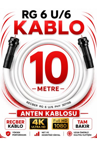 Avarson Reçber Anten Kablosu RG 6 U/6 307156 Tam Bakır Beyaz 10 METRE