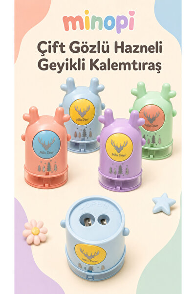Minopi Sevimli Geyik Desenli Çift Hazneli Renkli Kalemtıraş Karışık Renkli Ka...