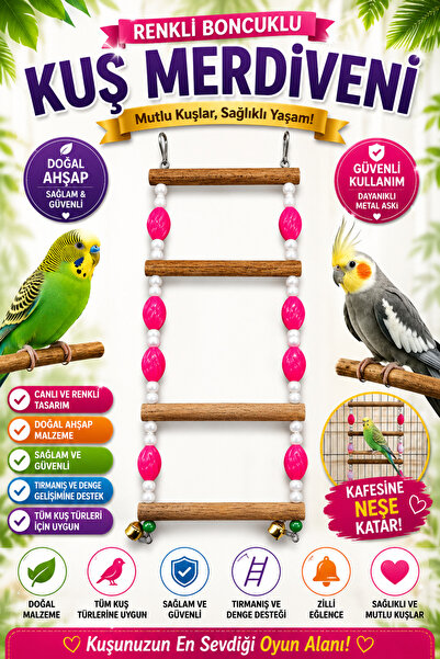 Petshop Boncuklu Ahşap Kuş Merdiveni Zilli Muhabbet Kuşu Sultan Papağanı Oyun...