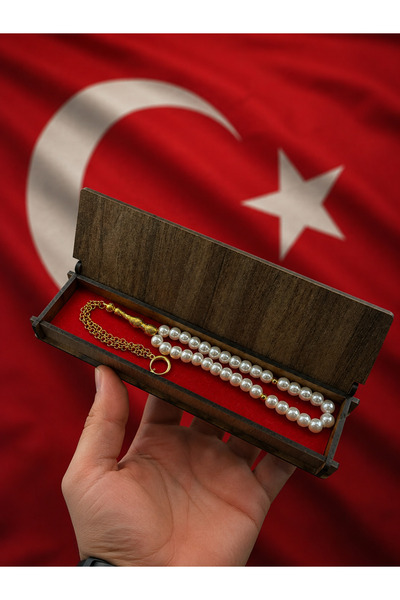 UMAY FLOWERS Reis Model İnci Tesbih Ay Yıldız Uçlu Ahşap Hediyelik Kutulu Gol...