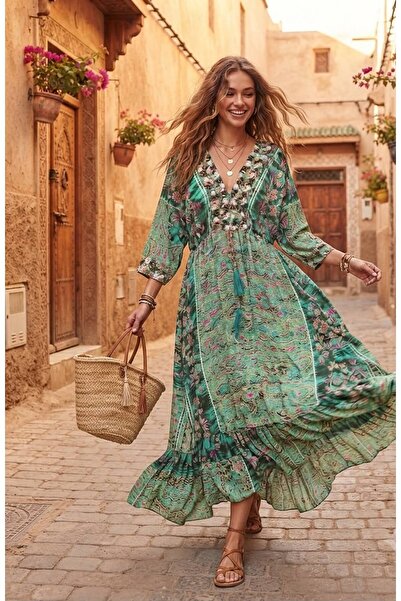 moda gk Boncuk/Nakış Detaylı Parlak Desenli Bohem Pamuk/İpek Elbise