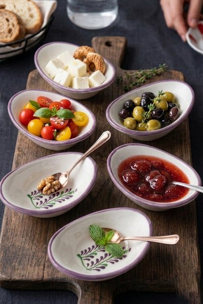 evcime El Yapımı El Boyaması Lavanta Desenli Gondol Model 6'lı Seramik Sosluk & Reçellik & Çerezlik ve Kahvaltı Sunumluk - Mor Kenarlı