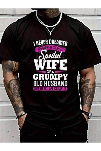 4Car تي شيرت رجالي أسود للعطلات من القطن 100%، بطبعة "Spoiled Wife Of A Grump...