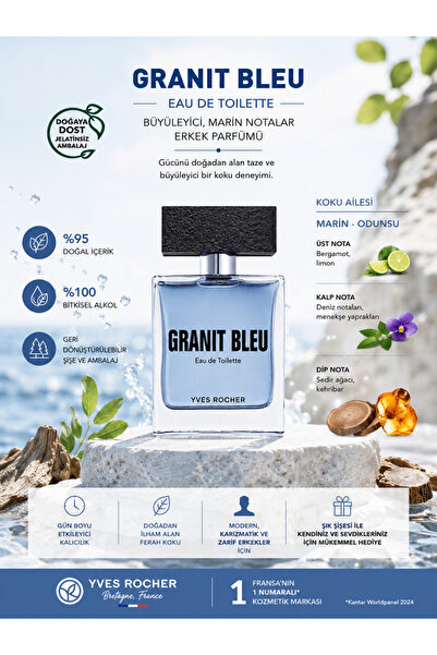 Yves Rocher Granit Bleu Ferah ve Marin Notalı Odunsu Erkek Eau de Toilette Pa...