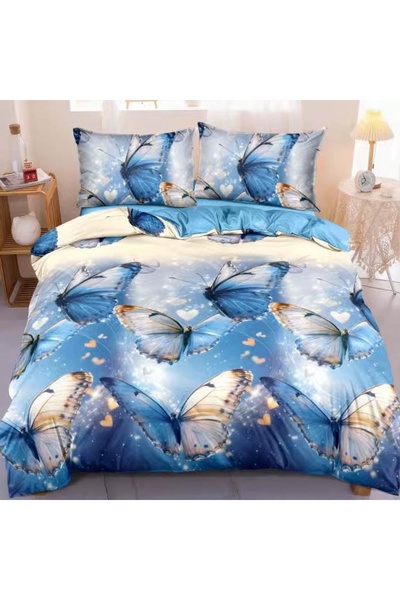 decorami Lenjerie pat dublu cu Elastic, bumbac satinat, Albastru, fluturi