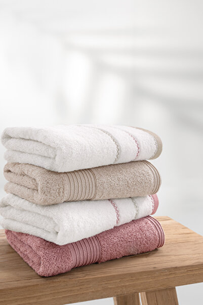 Yataş Harmony 4-Piece 100% Cotton Hand & Face Towel Set - Beige/Dry Rose