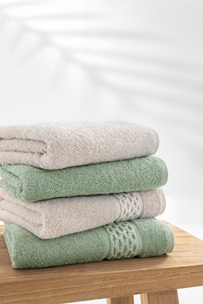 Yataş Averna 4-Piece 100% Cotton Hand & Face Towel Set - Beige/Green