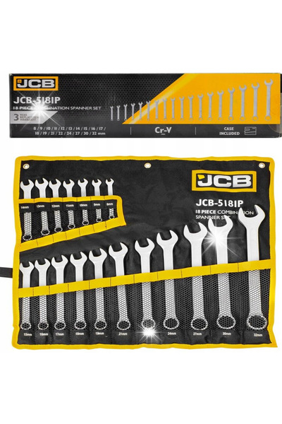 Jcb Set de chei fixe și chei combinate 18 piese Oțel CrV 8-32 mm