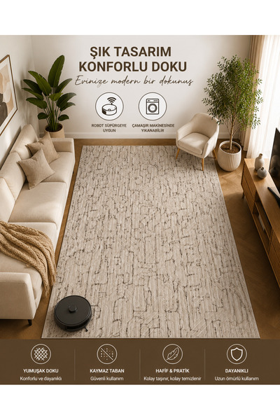 Plato Halı Kaymaz Taban Makinada Yıkanabilir Salon Oturma Odası Halısı Bej Kahve