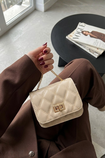 Berlesi Beige Mini Chain Strap Quilted Shoulder and Crossbody Bag