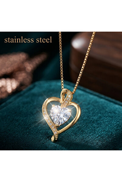 stainless steell Vi̇p Gold Color Shiny Zircon Stone Gold Tone Heart Model Nec...