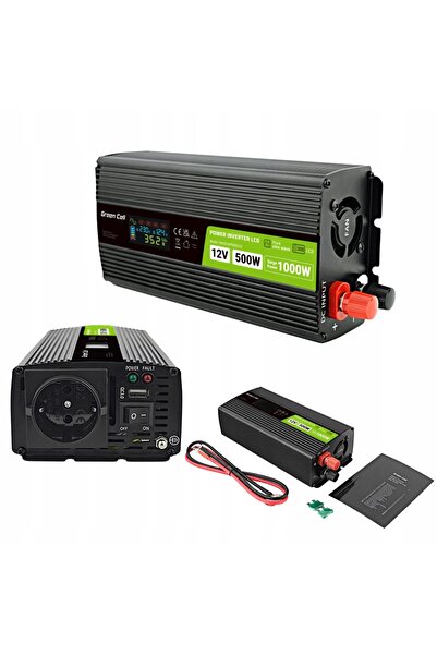NO BRAND Green Cell 12V 500W / 1000W Invertor auto LCD cu undă sinusoidală