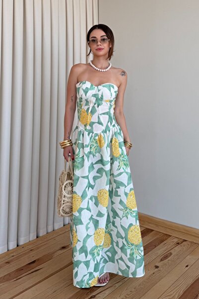 Laluvia Green Pineapple Patterned Strapless Dress - 4221