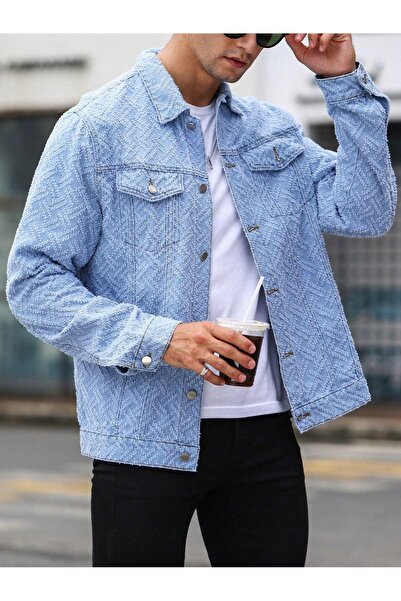 NO BRAND Jachetă simplă din denim albastru, texturată, cu buzunare cu nasturi...
