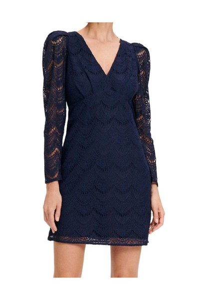 NO BRAND Rochie mini din dantelă florală, albastru marin, cu mânecă lungă și ...