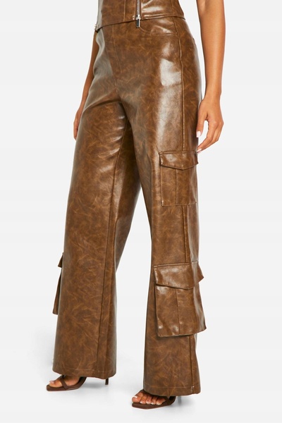 NO BRAND Pantaloni maro din piele ecologică, cu buzunare, croială dreaptă, BO...