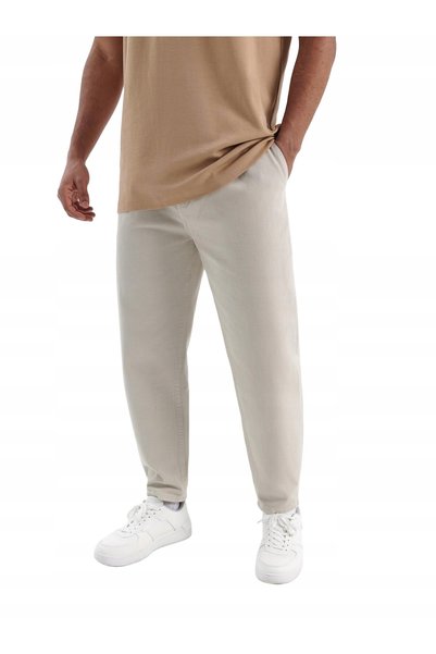 NO BRAND Pantaloni lungi din bumbac bej, tip blugi, cu croială conică, uni, 3...