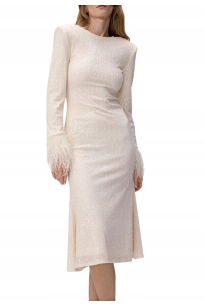 NO BRAND Rochie midi crem cu paiete, cu mânecă lungă și pene decorative