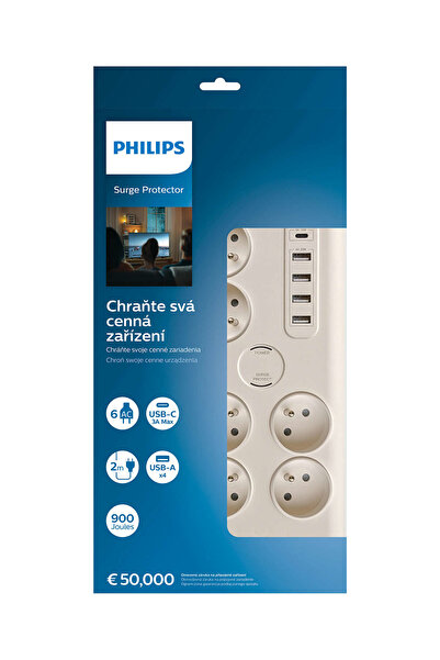 NO BRAND Protector la supratensiune Philips, 6 prize, 5 porturi USB, 2m, alb