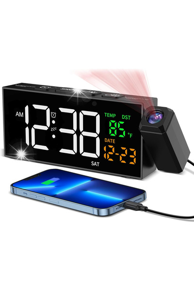 NO BRAND Ceas cu alarmă digitală și proiector 180 °   Negru 6210Pb Netzu