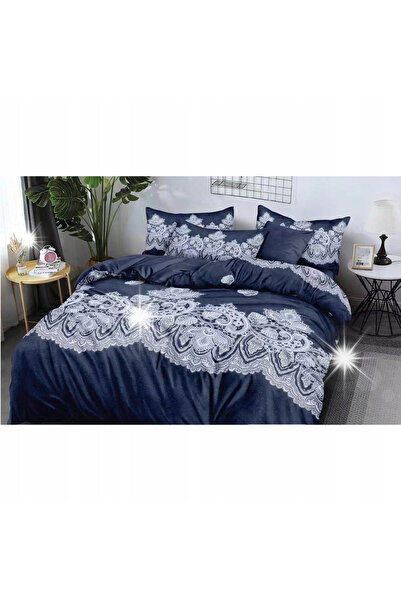NO BRAND Set de lenjerie de pat 200x220 cm bumbac satinat bleumarin 4 piese
