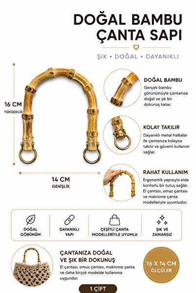 vollen yarn Doğal Bambu Çanta Sapı 16x14 cm 1 Çift (2 Adet) Metal Halkalı El ...