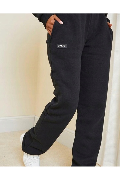 NO BRAND Prettylittlething Pantaloni de trening negri, clasici, drepți, căptu...