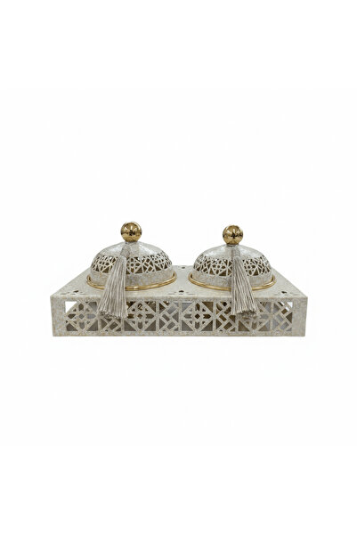 AKDC Cream & Gold Arabesque Candy Bowl with Holder — 2 Pcs Set - 27×15 cm